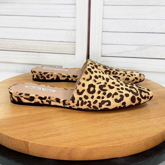 Chelsea & Violet Eve Calf Hair Fur Leopard Print Slide Mules Shoes Tan 7.5 - Picture 1 of 10